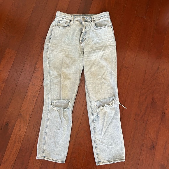 Pac Sun Blue Button Up Denim High Rise Jeans Straight Leg 26" X 25” Knee Rip - Picture 1 of 9